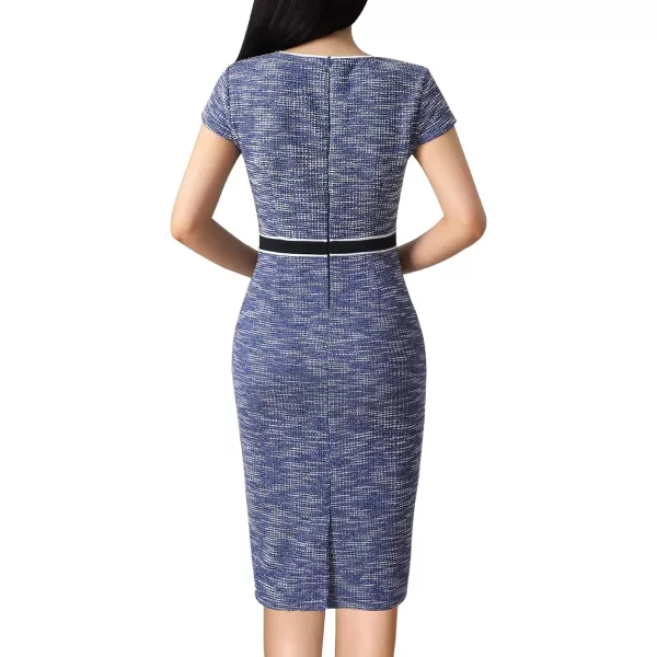 VFSHOW Womens Professional Work Business Office Interview Buttons Bodycon Dress Patchwork Colorblock Slim Pencil Sheath DressBlue Tweedcap Sleeve