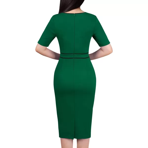 VFSHOW Womens Professional Work Business Office Interview Buttons Bodycon Dress Patchwork Colorblock Slim Pencil Sheath DressDark Green Black Piping