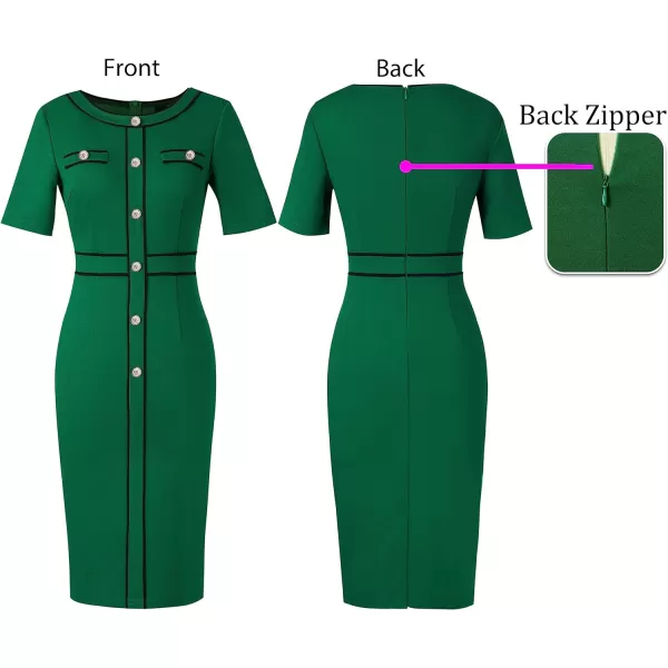 VFSHOW Womens Professional Work Business Office Interview Buttons Bodycon Dress Patchwork Colorblock Slim Pencil Sheath DressDark Green Black Piping