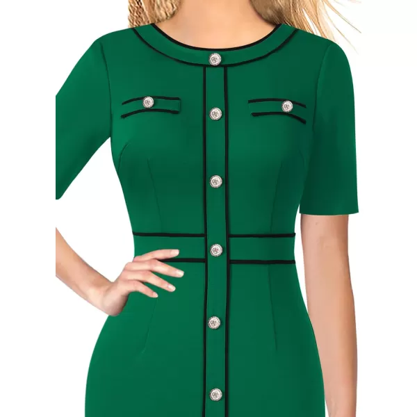 VFSHOW Womens Professional Work Business Office Interview Buttons Bodycon Dress Patchwork Colorblock Slim Pencil Sheath DressDark Green Black Piping