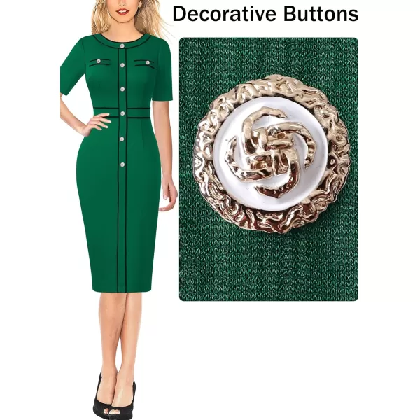 VFSHOW Womens Professional Work Business Office Interview Buttons Bodycon Dress Patchwork Colorblock Slim Pencil Sheath DressDark Green Black Piping