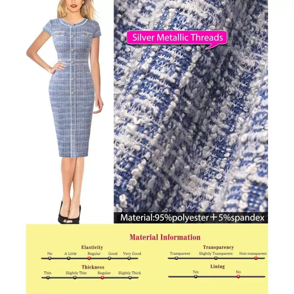 VFSHOW Womens Professional Work Business Office Interview Buttons Bodycon Dress Patchwork Colorblock Slim Pencil Sheath DressLight Blue Tweed Cap Sleeves