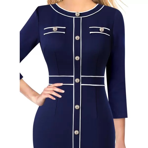 VFSHOW Womens Professional Work Business Office Interview Buttons Bodycon Dress Patchwork Colorblock Slim Pencil Sheath DressNavy Blue 34 Sleeves