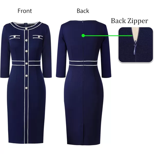 VFSHOW Womens Professional Work Business Office Interview Buttons Bodycon Dress Patchwork Colorblock Slim Pencil Sheath DressNavy Blue 34 Sleeves