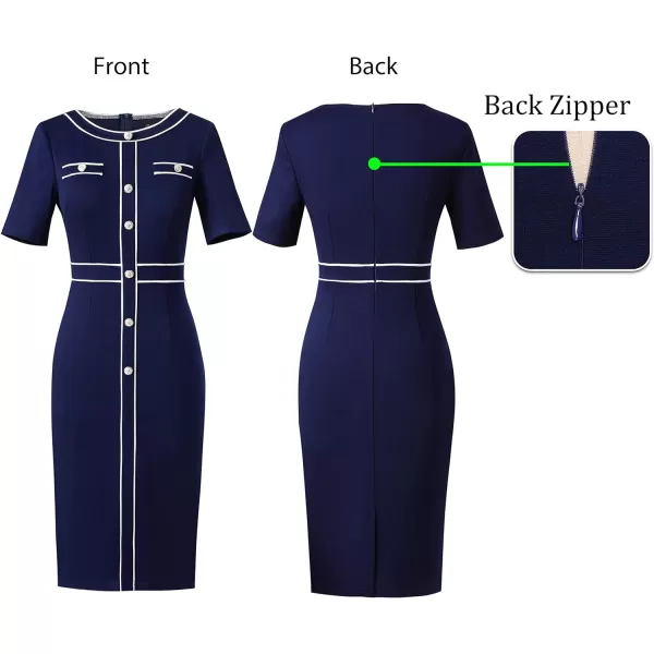 VFSHOW Womens Professional Work Business Office Interview Buttons Bodycon Dress Patchwork Colorblock Slim Pencil Sheath DressNavy Blue White Piping