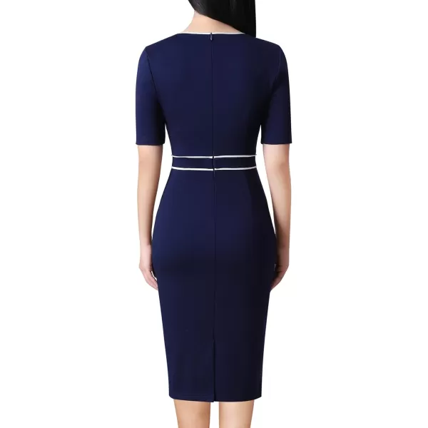 VFSHOW Womens Professional Work Business Office Interview Buttons Bodycon Dress Patchwork Colorblock Slim Pencil Sheath DressNavy Blue White Piping