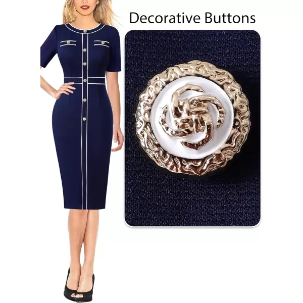 VFSHOW Womens Professional Work Business Office Interview Buttons Bodycon Dress Patchwork Colorblock Slim Pencil Sheath DressNavy Blue White Piping