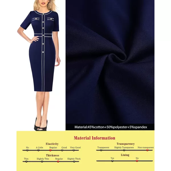 VFSHOW Womens Professional Work Business Office Interview Buttons Bodycon Dress Patchwork Colorblock Slim Pencil Sheath DressNavy Blue White Piping