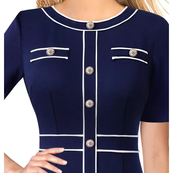 VFSHOW Womens Professional Work Business Office Interview Buttons Bodycon Dress Patchwork Colorblock Slim Pencil Sheath DressNavy Blue White Piping