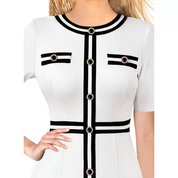 VFSHOW Womens Professional Work Business Office Interview Buttons Bodycon Dress Patchwork Colorblock Slim Pencil Sheath DressOffwhite Short Sleeves