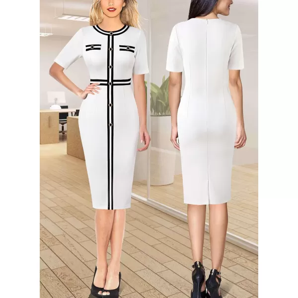 VFSHOW Womens Professional Work Business Office Interview Buttons Bodycon Dress Patchwork Colorblock Slim Pencil Sheath DressOffwhite Short Sleeves