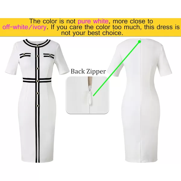 VFSHOW Womens Professional Work Business Office Interview Buttons Bodycon Dress Patchwork Colorblock Slim Pencil Sheath DressOffwhite Short Sleeves