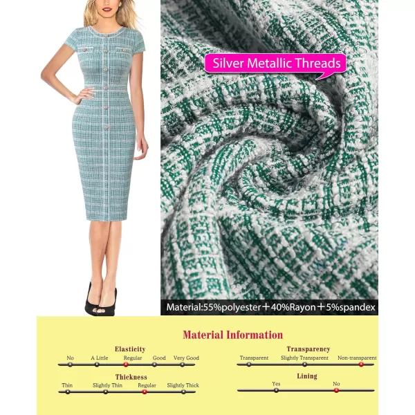 VFSHOW Womens Professional Work Business Office Interview Buttons Bodycon Dress Patchwork Colorblock Slim Pencil Sheath DressTeal Green Tweed Cap Sleeves