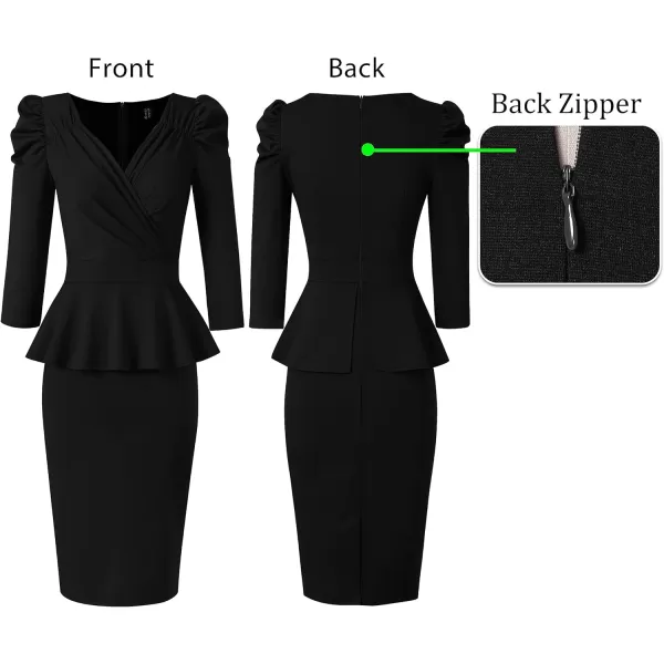 VFSHOW Womens Puff Sleeve Ruched Wrap V Neck 2023 Cocktail Party Wedding Guest Bodycon DressBlack 34 Sleeve