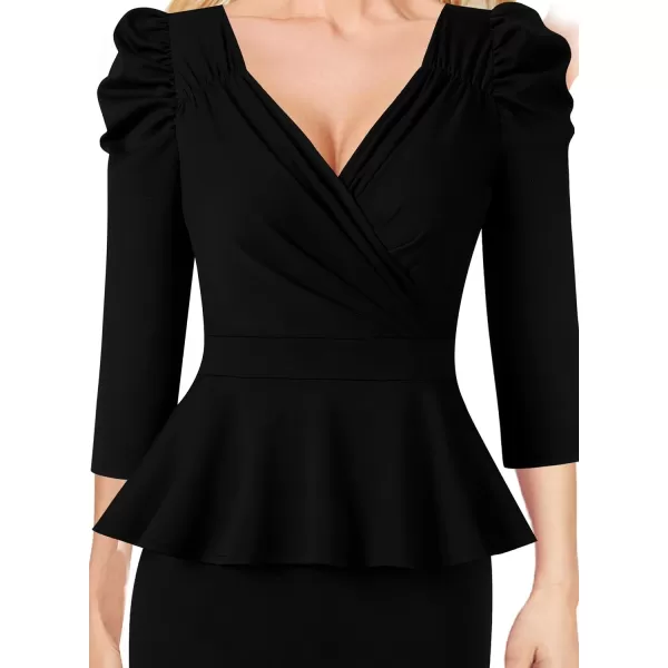 VFSHOW Womens Puff Sleeve Ruched Wrap V Neck 2023 Cocktail Party Wedding Guest Bodycon DressBlack 34 Sleeve