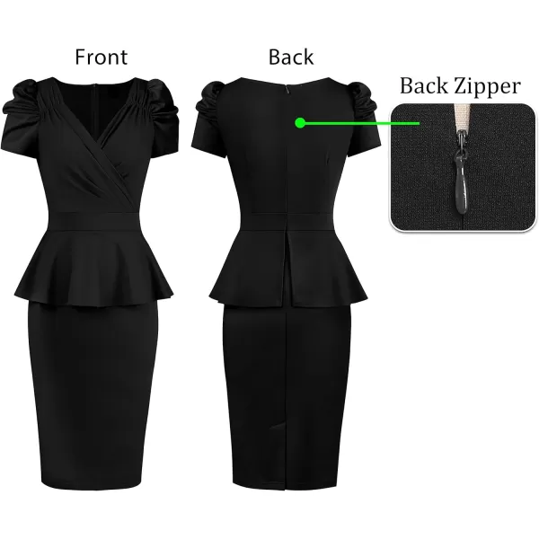 VFSHOW Womens Puff Sleeve Ruched Wrap V Neck 2023 Cocktail Party Wedding Guest Bodycon DressBlack