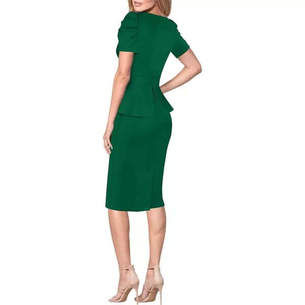 VFSHOW Womens Puff Sleeve Ruched Wrap V Neck 2023 Cocktail Party Wedding Guest Bodycon DressGreen