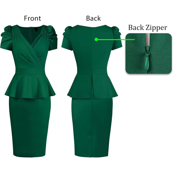 VFSHOW Womens Puff Sleeve Ruched Wrap V Neck 2023 Cocktail Party Wedding Guest Bodycon DressGreen