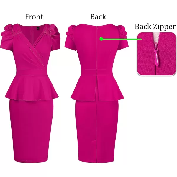 VFSHOW Womens Puff Sleeve Ruched Wrap V Neck 2023 Cocktail Party Wedding Guest Bodycon DressHot Pink