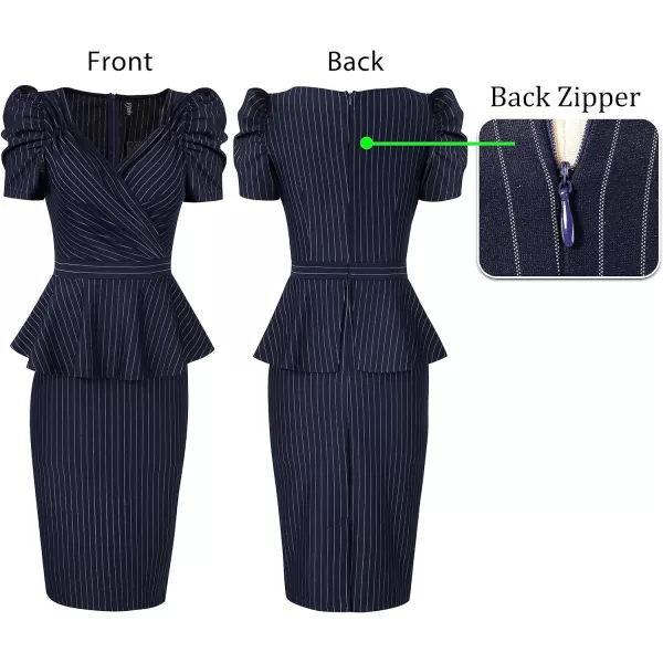 VFSHOW Womens Puff Sleeve Ruched Wrap V Neck 2023 Cocktail Party Wedding Guest Bodycon DressNavy Blue  White Stripe