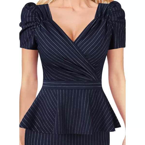 VFSHOW Womens Puff Sleeve Ruched Wrap V Neck 2023 Cocktail Party Wedding Guest Bodycon DressNavy Blue  White Stripe