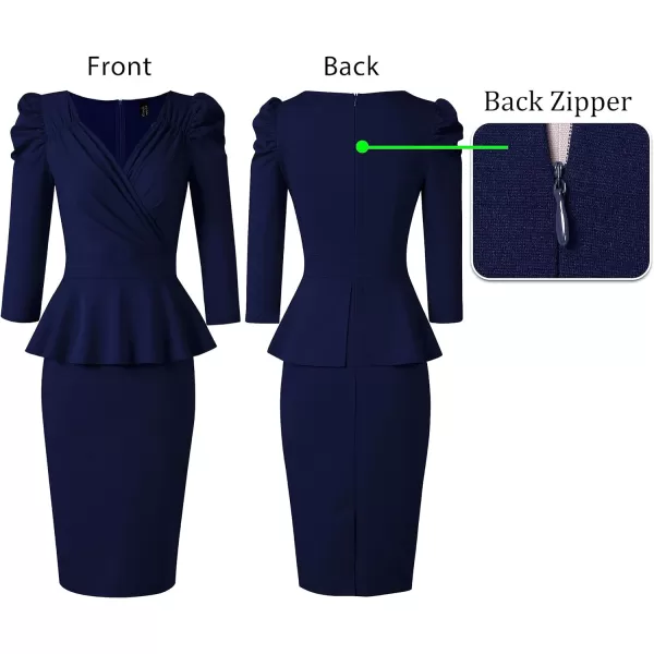 VFSHOW Womens Puff Sleeve Ruched Wrap V Neck 2023 Cocktail Party Wedding Guest Bodycon DressNavy Blue 34 Sleeve