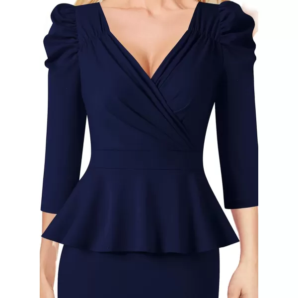 VFSHOW Womens Puff Sleeve Ruched Wrap V Neck 2023 Cocktail Party Wedding Guest Bodycon DressNavy Blue 34 Sleeve