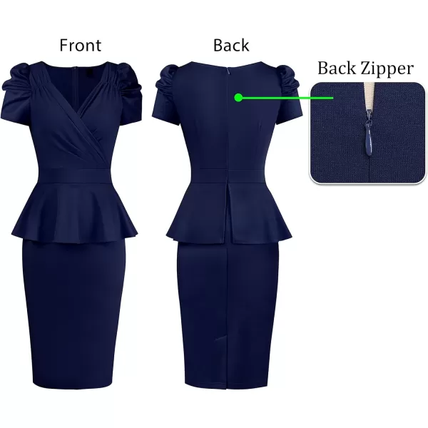 VFSHOW Womens Puff Sleeve Ruched Wrap V Neck 2023 Cocktail Party Wedding Guest Bodycon DressNavy Blue