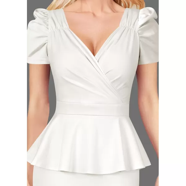 VFSHOW Womens Puff Sleeve Ruched Wrap V Neck 2023 Cocktail Party Wedding Guest Bodycon DressOffwhite