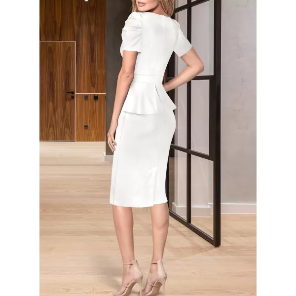 VFSHOW Womens Puff Sleeve Ruched Wrap V Neck 2023 Cocktail Party Wedding Guest Bodycon DressOffwhite