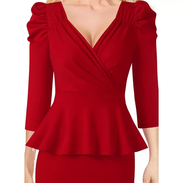 VFSHOW Womens Puff Sleeve Ruched Wrap V Neck 2023 Cocktail Party Wedding Guest Bodycon DressRed 34 Sleeve