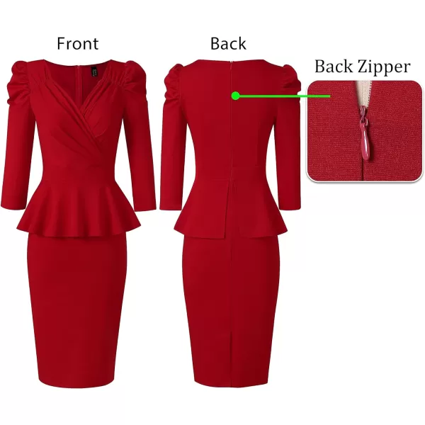 VFSHOW Womens Puff Sleeve Ruched Wrap V Neck 2023 Cocktail Party Wedding Guest Bodycon DressRed 34 Sleeve