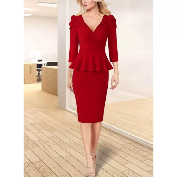 VFSHOW Womens Puff Sleeve Ruched Wrap V Neck 2023 Cocktail Party Wedding Guest Bodycon DressRed 34 Sleeve