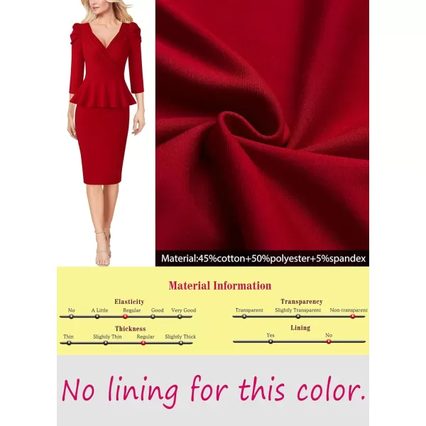 VFSHOW Womens Puff Sleeve Ruched Wrap V Neck 2023 Cocktail Party Wedding Guest Bodycon DressRed 34 Sleeve