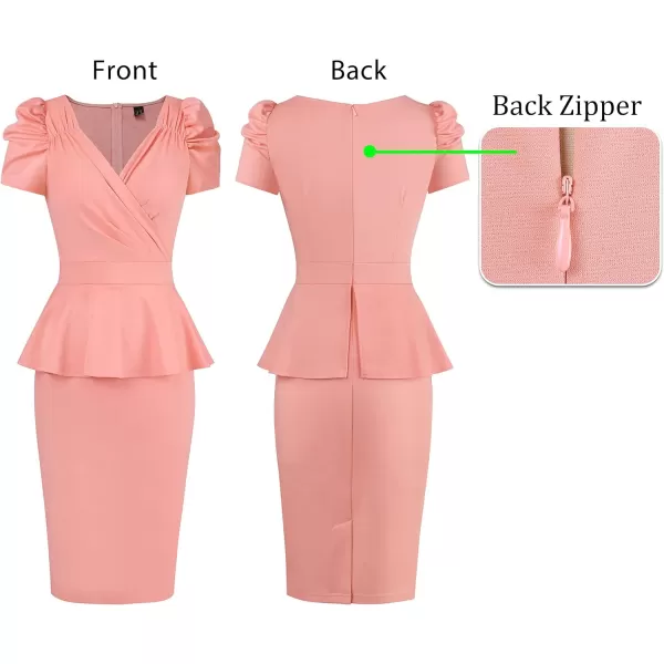 VFSHOW Womens Puff Sleeve Ruched Wrap V Neck 2023 Cocktail Party Wedding Guest Bodycon DressSalmon Pink