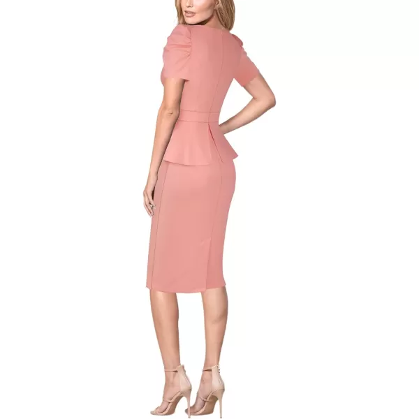 VFSHOW Womens Puff Sleeve Ruched Wrap V Neck 2023 Cocktail Party Wedding Guest Bodycon DressSalmon Pink