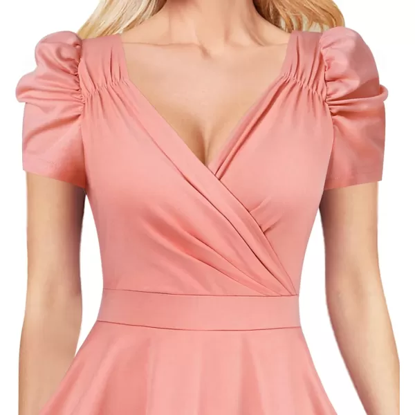 VFSHOW Womens Puff Sleeve Ruched Wrap V Neck 2023 Cocktail Party Wedding Guest Bodycon DressSalmon Pink