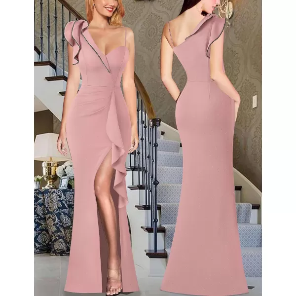 VFSHOW Womens Ruched Ruffle One Shoulder Strap Prom Formal Wedding Maxi Dress Sexy V Neck Split Cocktail Evening Long GownSparkly Dusty Pink2