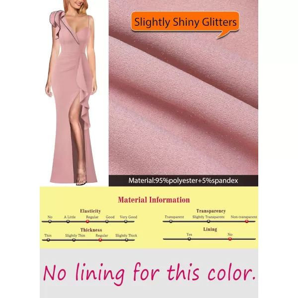 VFSHOW Womens Ruched Ruffle One Shoulder Strap Prom Formal Wedding Maxi Dress Sexy V Neck Split Cocktail Evening Long GownSparkly Dusty Pink2