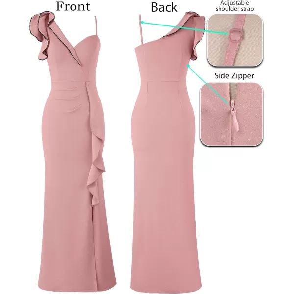 VFSHOW Womens Ruched Ruffle One Shoulder Strap Prom Formal Wedding Maxi Dress Sexy V Neck Split Cocktail Evening Long GownSparkly Dusty Pink2