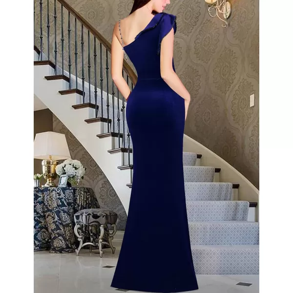 VFSHOW Womens Ruched Ruffle One Shoulder Strap Wedding Formal Prom Maxi Dress Sexy Split V Neck Cocktail Evening Long GownDark Blue Velvet