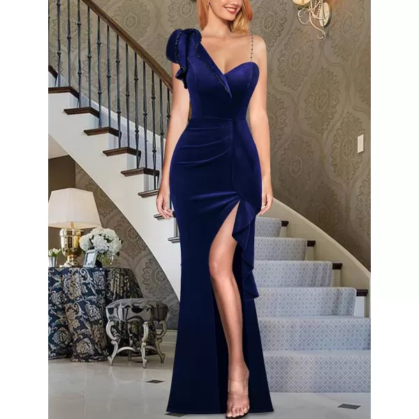 VFSHOW Womens Ruched Ruffle One Shoulder Strap Wedding Formal Prom Maxi Dress Sexy Split V Neck Cocktail Evening Long GownDark Blue Velvet