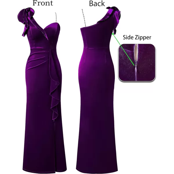 VFSHOW Womens Ruched Ruffle One Shoulder Strap Wedding Formal Prom Maxi Dress Sexy Split V Neck Cocktail Evening Long GownDark Purple Velvet