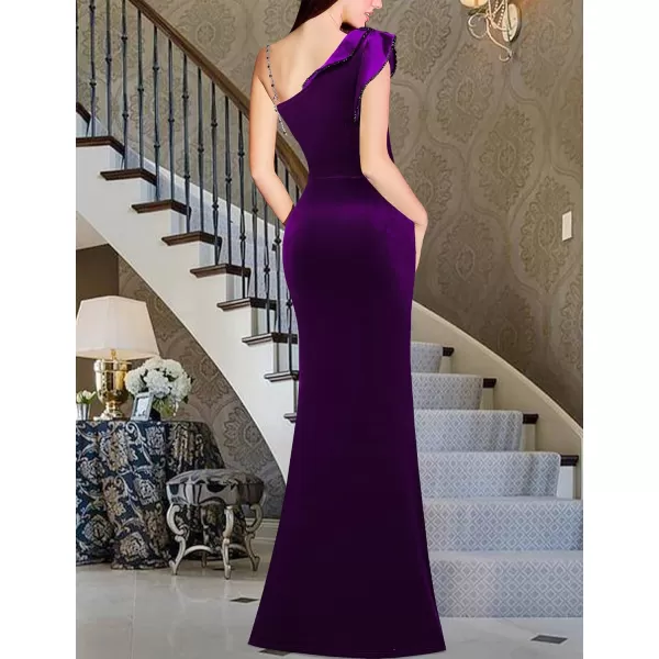 VFSHOW Womens Ruched Ruffle One Shoulder Strap Wedding Formal Prom Maxi Dress Sexy Split V Neck Cocktail Evening Long GownDark Purple Velvet