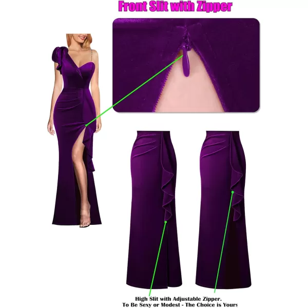 VFSHOW Womens Ruched Ruffle One Shoulder Strap Wedding Formal Prom Maxi Dress Sexy Split V Neck Cocktail Evening Long GownDark Purple Velvet