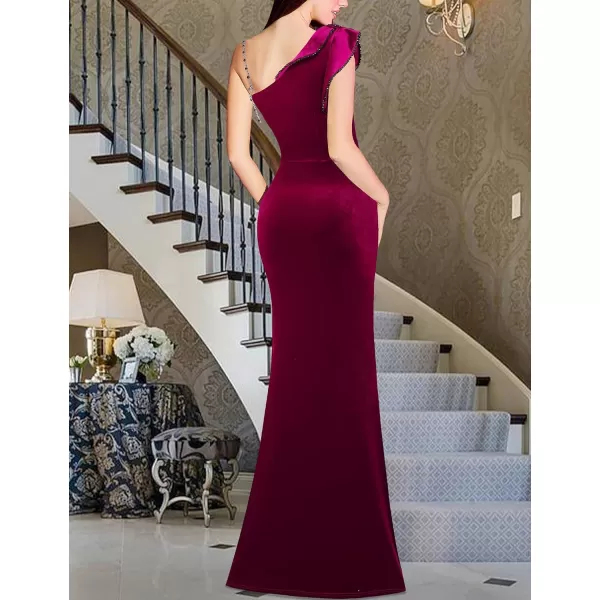 VFSHOW Womens Ruched Ruffle One Shoulder Strap Wedding Formal Prom Maxi Dress Sexy Split V Neck Cocktail Evening Long GownFuchsia Velvet