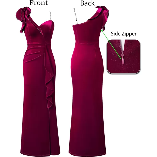 VFSHOW Womens Ruched Ruffle One Shoulder Strap Wedding Formal Prom Maxi Dress Sexy Split V Neck Cocktail Evening Long GownFuchsia Velvet