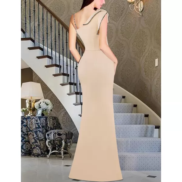 VFSHOW Womens Ruched Ruffle One Shoulder Strap Wedding Formal Prom Maxi Dress Sexy Split V Neck Cocktail Evening Long GownSparkly Beige