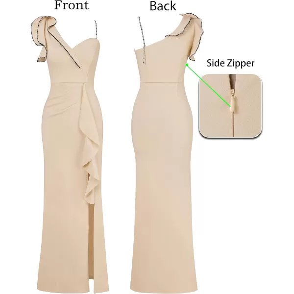 VFSHOW Womens Ruched Ruffle One Shoulder Strap Wedding Formal Prom Maxi Dress Sexy Split V Neck Cocktail Evening Long GownSparkly Beige