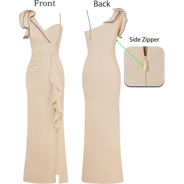 VFSHOW Womens Ruched Ruffle One Shoulder Strap Wedding Formal Prom Maxi Dress Sexy Split V Neck Cocktail Evening Long GownSparkly Beige2